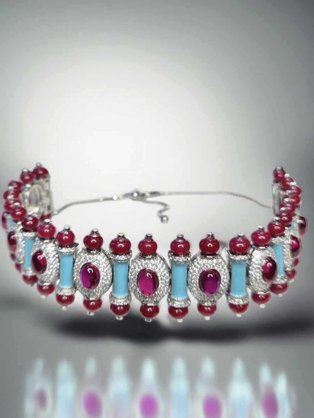 Exquisite Silver Oval Ruby Glass Cabochon Turquoise Enamel Pave Crystal Necklace